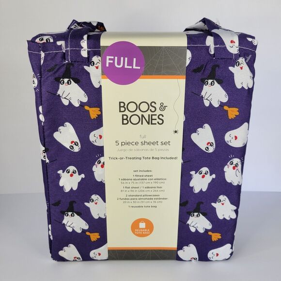 Halloween Purple White Cheeky Ghosts Boos Bones FULL 5pc Sheets Set Boys Bedding - Picture 6 of 11